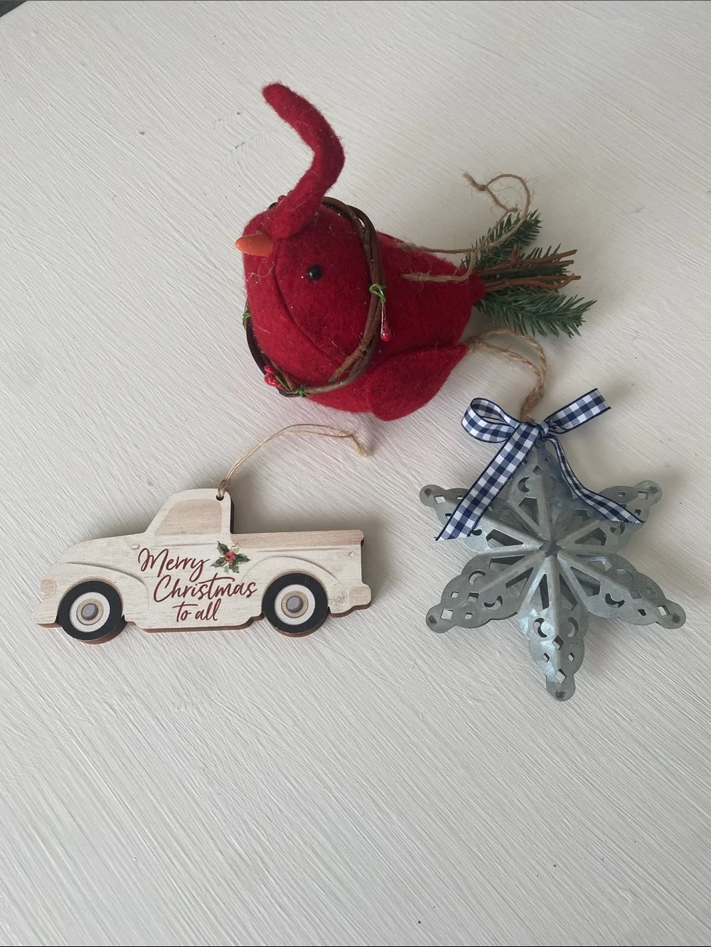 Set of 3 Rustic Ornaments, Red Cardinal, White Truck, Silver Metal 3D Snowflake